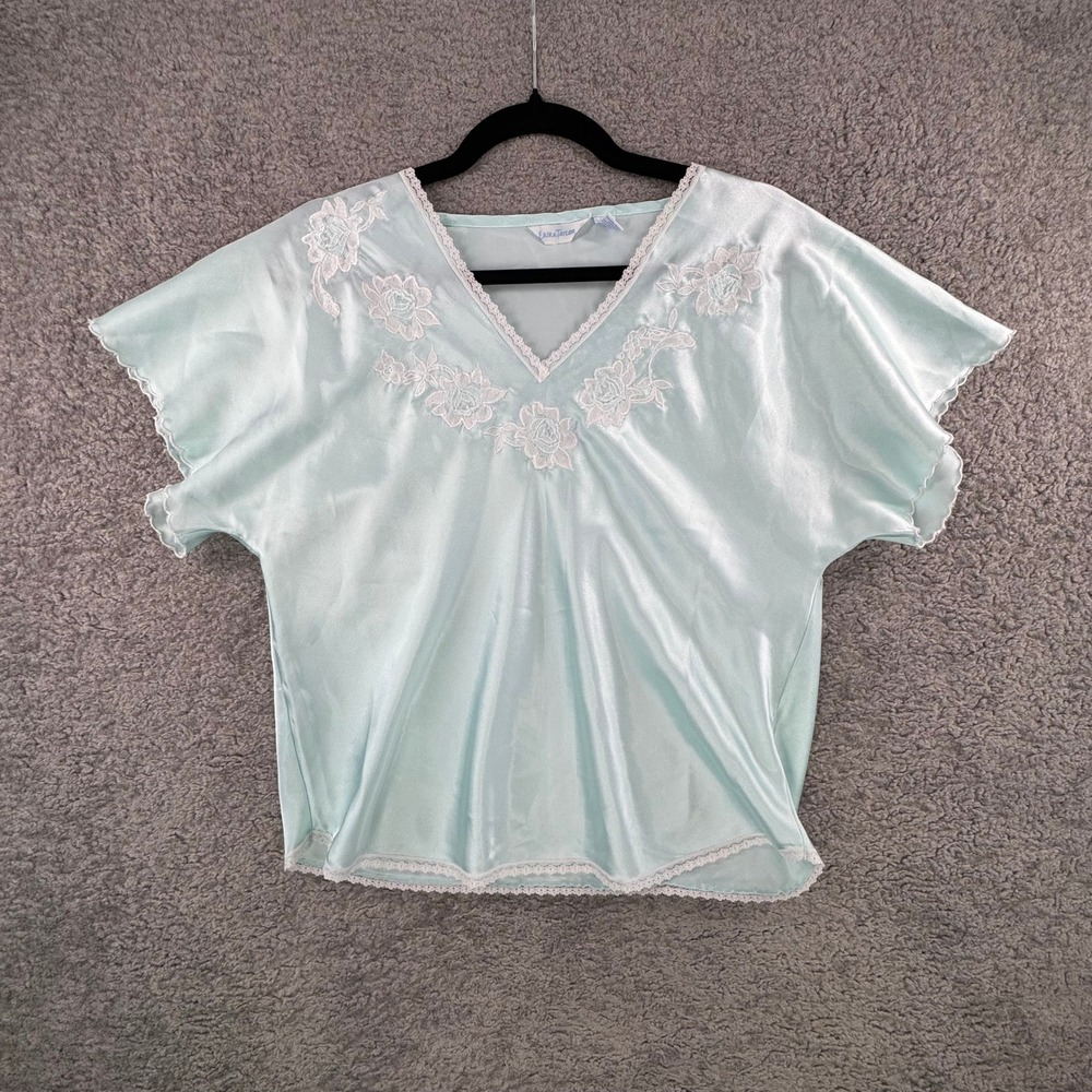 VTG Erika Taylor Mint Green Satin Pajama Top Floral Embroidery Lace Trim Women M